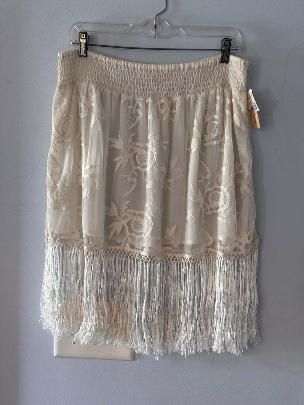 Boho Ivory Lace Embroidered Fringe Midi Skirt